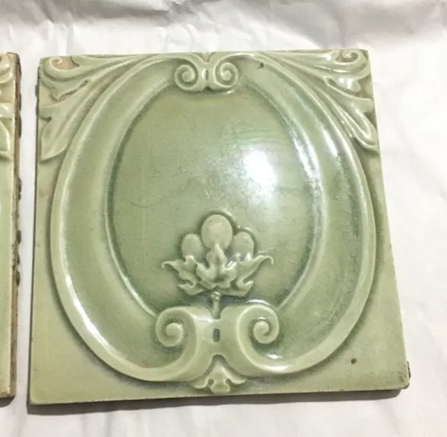 Vintage Ceramic Beautiful Green Porcelain Tiles  2 Pieces 3
