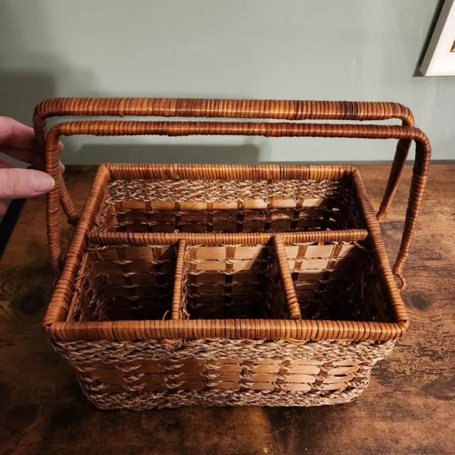 Vintage Wicker Basket 4 Section Utensil Caddy. Picnic Table