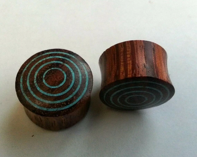 1Pair Handmade Organic Crushed Blue Turquoise Rangas Wood Saddle Ear Plugs Gauge 2