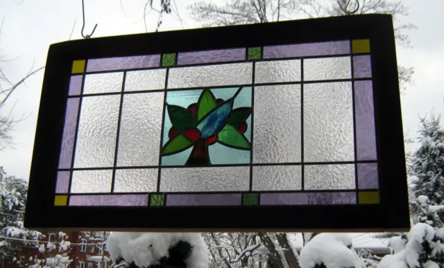 large leaded framed stained glass panel transom*antique wooden window decor art 8