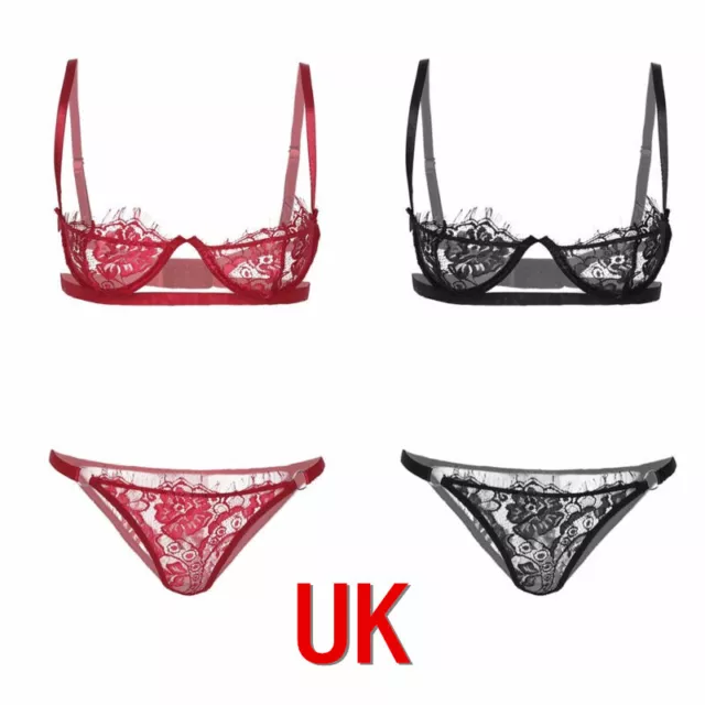 UK Women Sexy Floral Sheer Lace Balcony Bra & Panties Lingerie Set