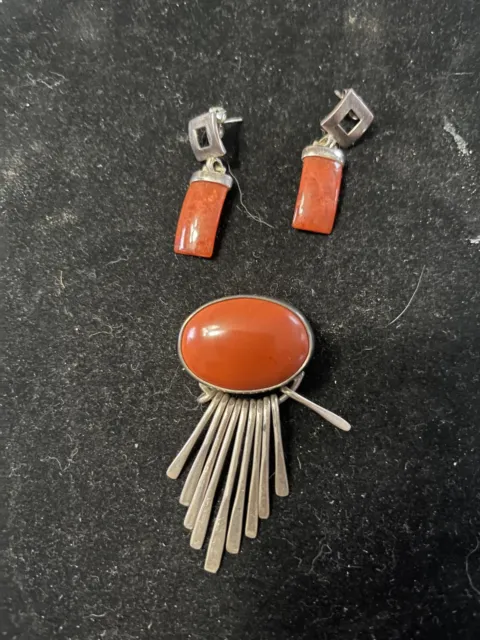 CII Mexican Silver Carnelian Coral  Pendant/ Pin +Earrings