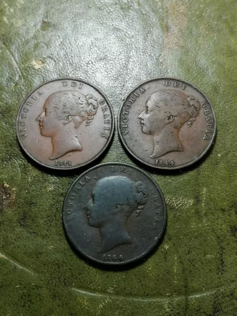 1841, 1844, 1844 QUEEN VICTORIA ONE PENNY Coins Circulated Condition