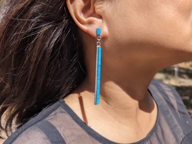 Native American Jewelry Long Inlay Dangle Earrings Turquoise Zuni Handmade