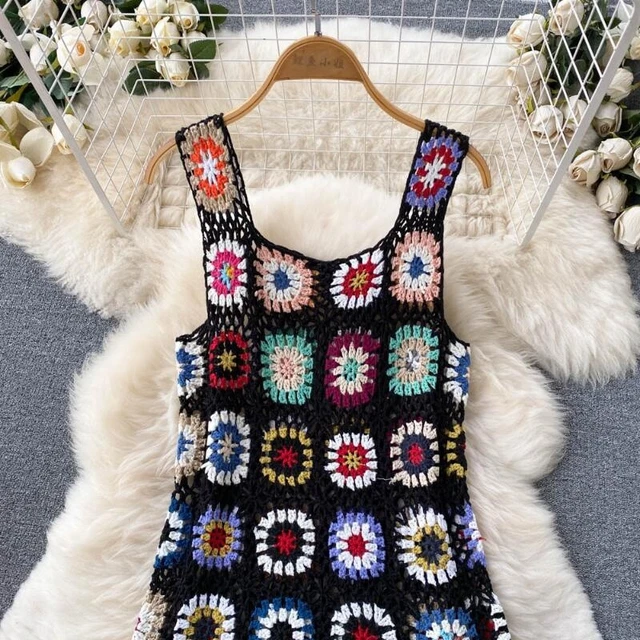 Femme Boho Robe Débardeur Haut Crochet sans Manche Midi Gland Creux Sortie Plage