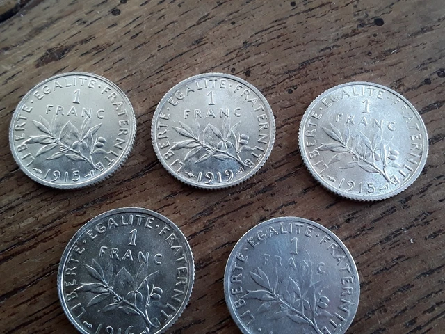 Lot De 5 Pieces De 1 Franc Semeuse Argent 24,9 Gr
