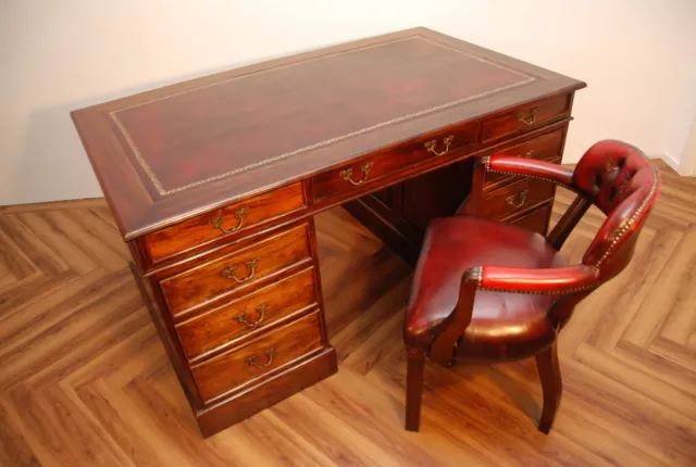 Antique Style Twin Pedestal Partners Desk With Burgundy Leather