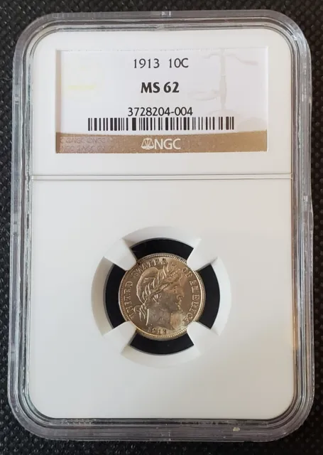 1913 P Philadelphia Mint Barber Dime 10c 90% Silver US Coin NGC MS 62