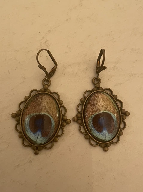 Vintage Brass Victorian Filigree Oval Green Peacock Lever Back Dangle Earrings