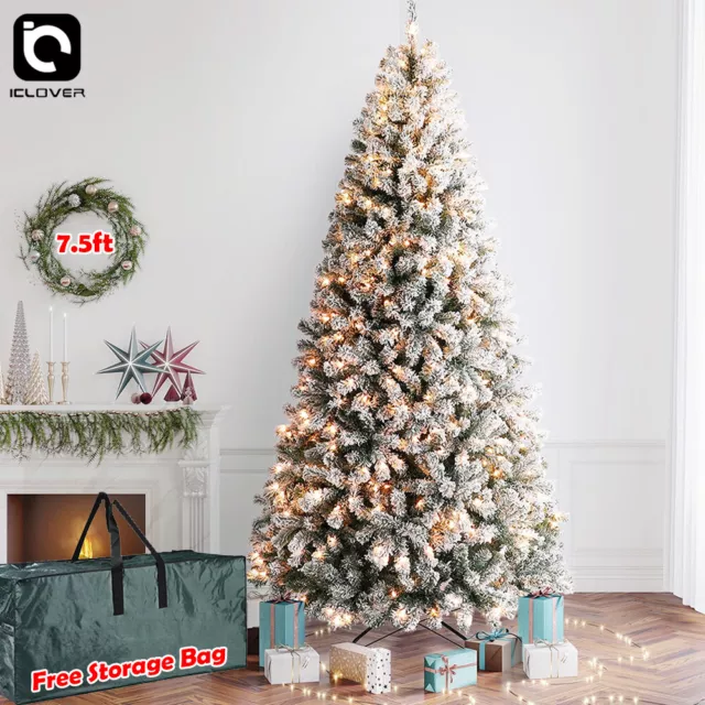 7.5ft Prelit Snow Flocked Christmas Tree Artificial Hinged Pine with LED Lights