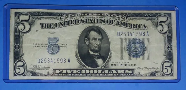 *1934 $5 Silver Certificate! VF. CIRC. ! OLD US CURRENCY ! NICE !