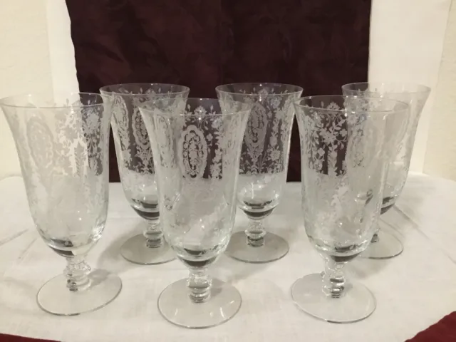Vintage TIFFIN June Night Set (6) Ice Tea Goblets Footed Glasses Etched 6 1/2"