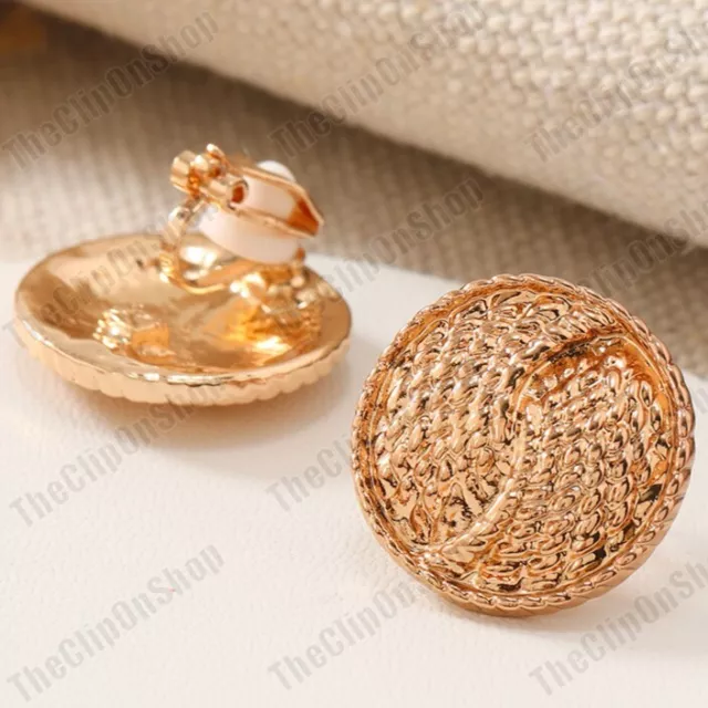 CLIP ON round disc boho 2cm BIG GOLD TONE EARRINGS weave basket textured metal