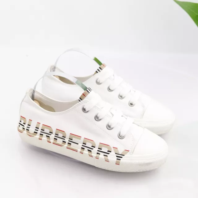 Burberry Kids Icon-Stripe Sneaker Size 32 1 White Gabardine Logo Shoe Canvas 2
