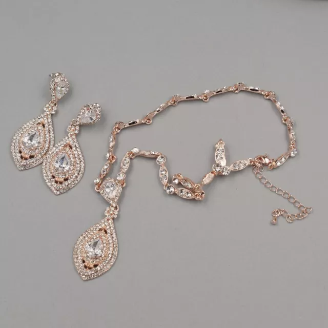 Rose Gold Plated Crystal CZ Necklace Pendant Earrings Wedding Jewelry Set 09951 3