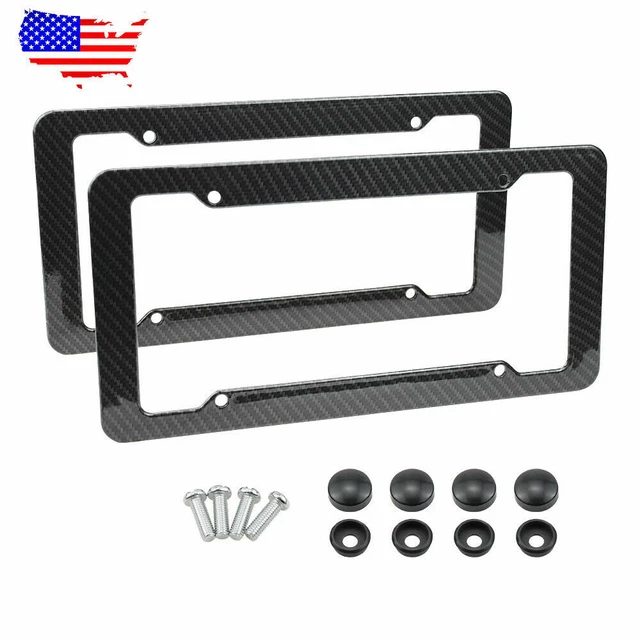 2pc Car Auto Plastic Carbon Fiber License Plate Holder Frame Universal Black Set