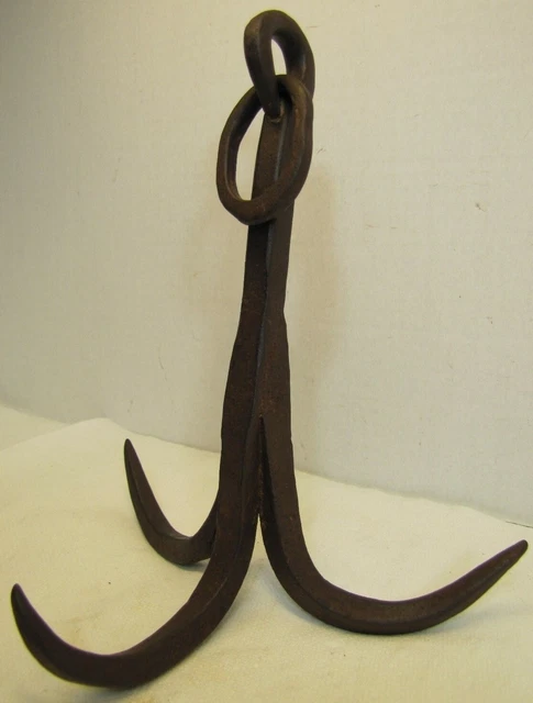 Antique Wrought Iron Triple Hook Hanger Blacksmith Fireplace Hearth Barn Tool