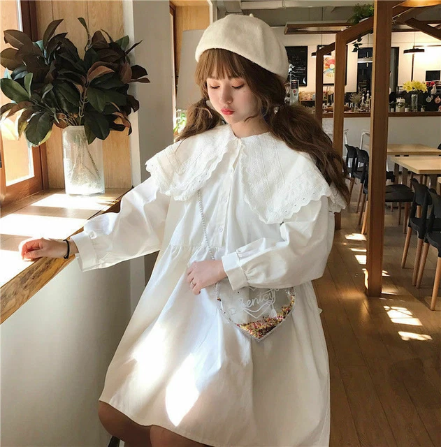 Abito donna ragazza Lolita manica lunga pizzo camicia sciolta camicetta casual top bianco 4