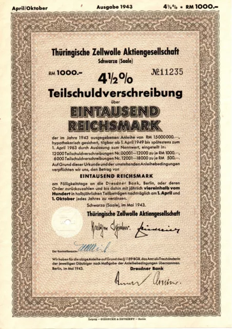 Thüringische Zellwolle Aktiengesellschaft über 1000 Reichsmark zu 4 1/2% 1943 !!