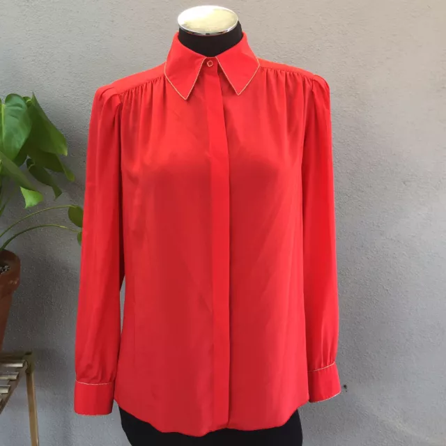 VTG St. John Womens L/S Button Front Shirt Size 8 Red Gold Trim Pleated