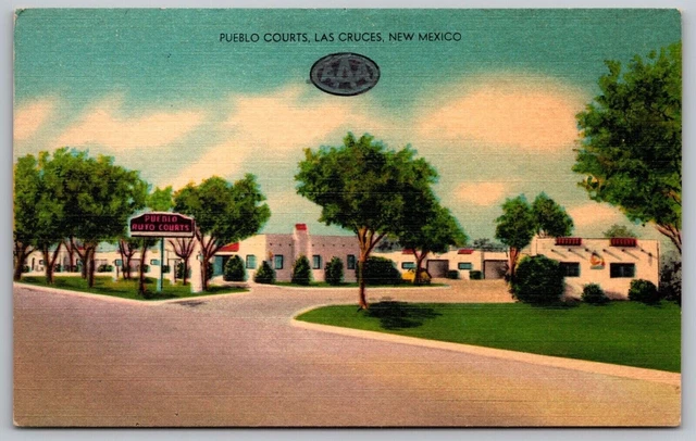 Las Cruces New Mexico Pueblo Courts Motel Entrance Streetview Linen Postcard