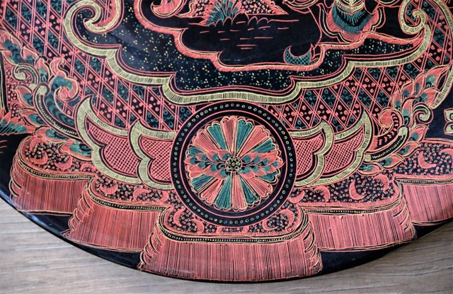 Antique/Vintage Burmese Lacquered Wooden Plate Hand Painted Amazing Detail 25cm 3