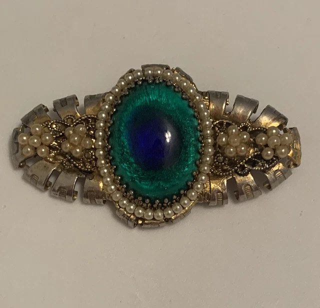 Antique Victorian Art Nouveau Peacock Eye Glass & Pearls Gilded Brass Pin Brooch