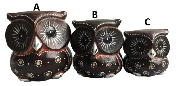Home Decoration Carved Wooden Set of 3 Lovely OWL Coloured Figure Hand Painted