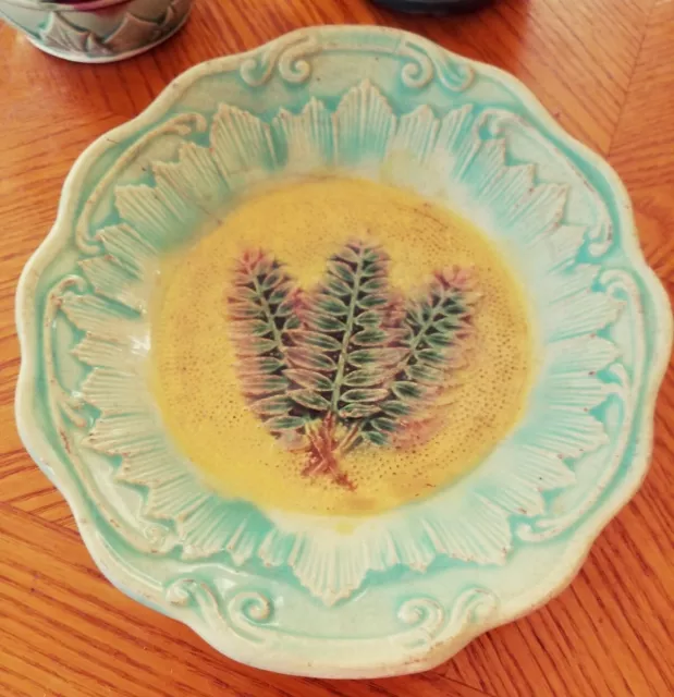 Antique 19th Century English Majolica Oval Plate  Dish With Fern Leaf Decoration