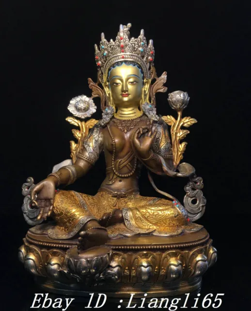 12.9" Pure Bronze Gilt Green Tara Mahayana Buddhismus Göttin Buddha Statue