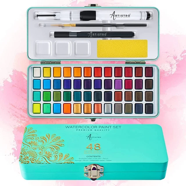 Juego de pintura de acuarela ARTISTRO, 48 colores vivos en caja portátil, incluyendo y