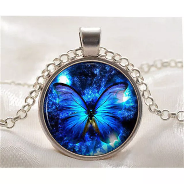 Colgante de Mujer con Cadena Plata Azul Mariposa Cabujón Collar Regalo