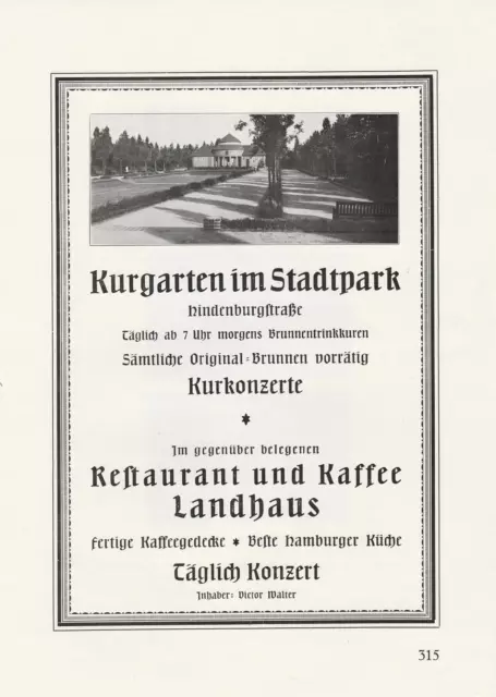 Kurgarten Stadtpark Restaurant Hamburg Reklame von 1926 Milchwirtschaft Meyer