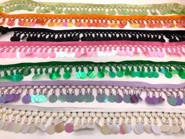 Stunning Beaded fringe with sequin. Pearl Fringing Trim on Ribbon, Many Colours