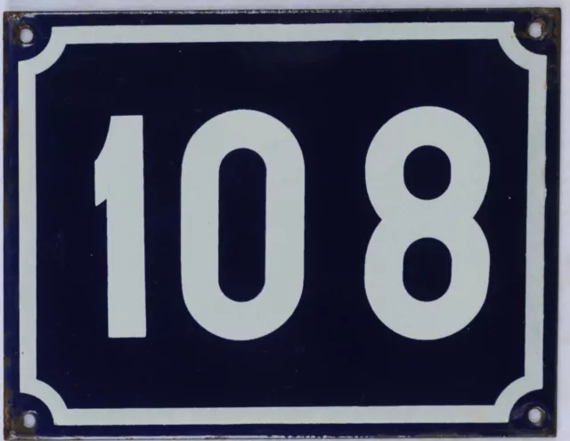 Large old blue French house number 108 door gate plate plaque enamel sign NOS