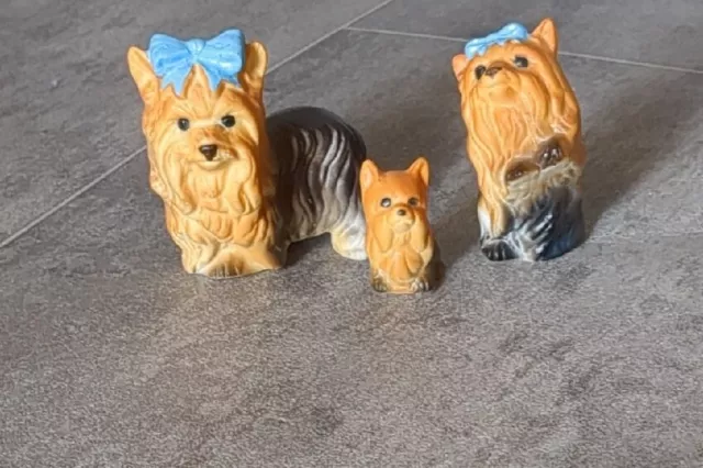 Bone China Japan Yorkshire Terrier Dog Figurine Family 3 Yorkshire Terriers