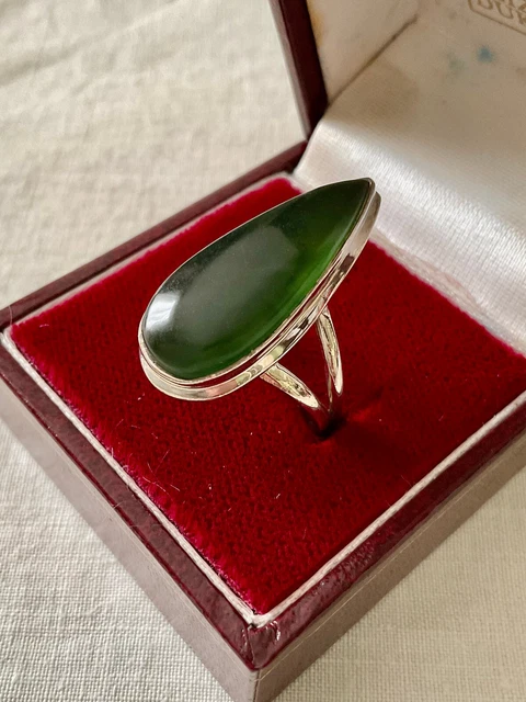 Bague Ancienne En Argent Massif 925 Avec Jadéite Naturelle - Taille 56, Ciselures Ouvragées
