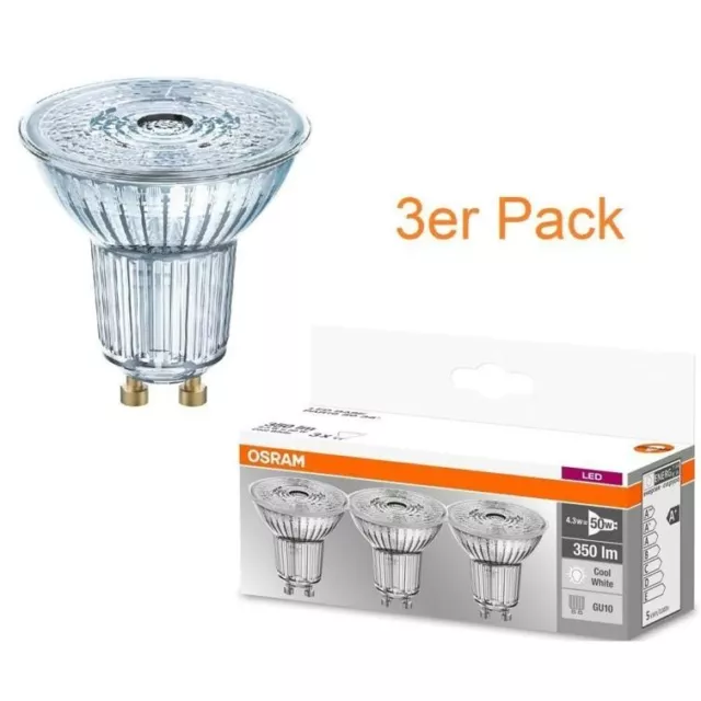 3er-PACK OSRAM LED BASE PAR16 GU10 Strahler 4.3W=50W 36° neutralweiss GLAS