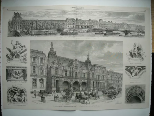 Gravure 1869. Paris. Le Louvre Et Les Tuileries Restaures. Facade Generale Des P