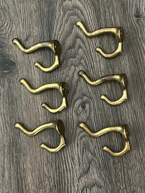 Vintage Brass Double Wall Hooks (6) Coat Hat Clothes Hook Heavy Duty Antique Old
