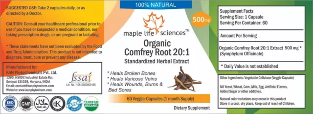 ORGANIC Comfrey Root 20:1 Extract Capsules Shikonin, Allantoin Rosmaric Acid 2