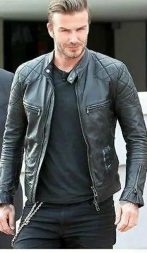 David Beckham Replica Mens Black Quilted Leather Biker Jacket Vintage Slim Fit