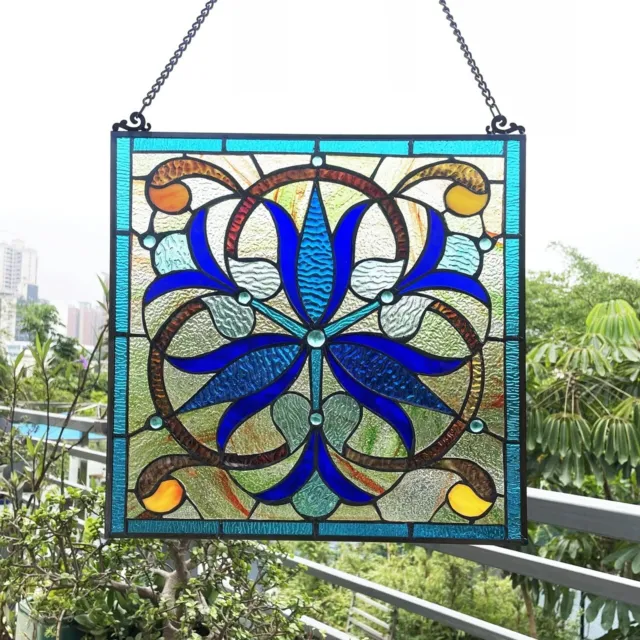 16" x 16" Victorian Blue Bell Tiffany style stained glass window panel catcher