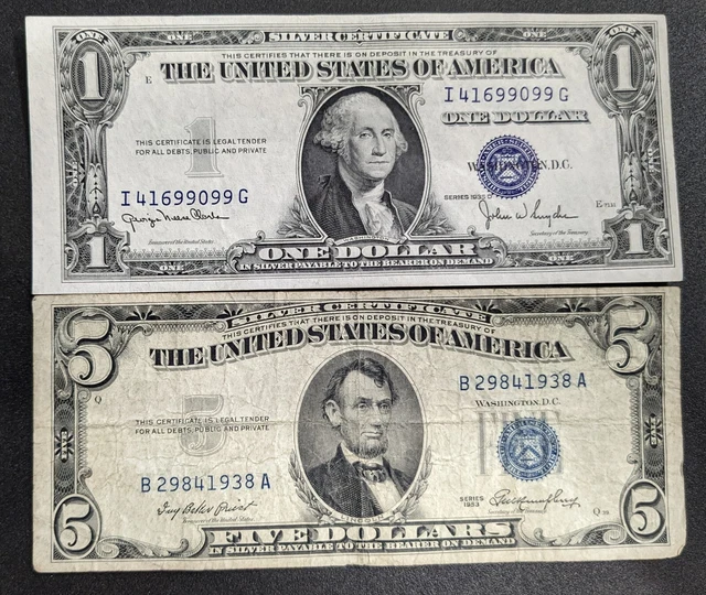 1935 $1 One Dollar and 1953 $5 Five Dollar Silver Certificates             (028)