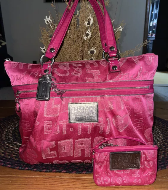 Coach Poppy Storypatch Hot Pink Glam Tote With Matching Wristlet