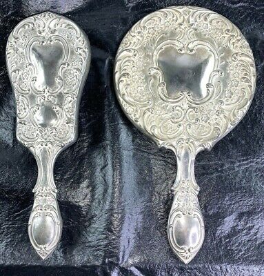 Vintage Silver Plated Mirror And Brush Vanity Set Nice Floral Heavy Ornate
