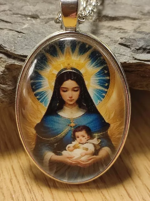 Heilige Jungfrau Maria Mit Jesus Baby Christen Halskette in Silber glasiert