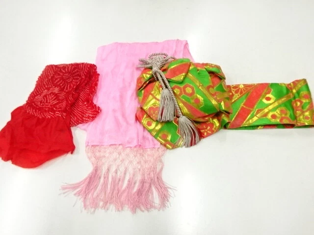 40657# Japanese Kimono / Ribbon Tsukuri Obi For Girls / Woven Flower