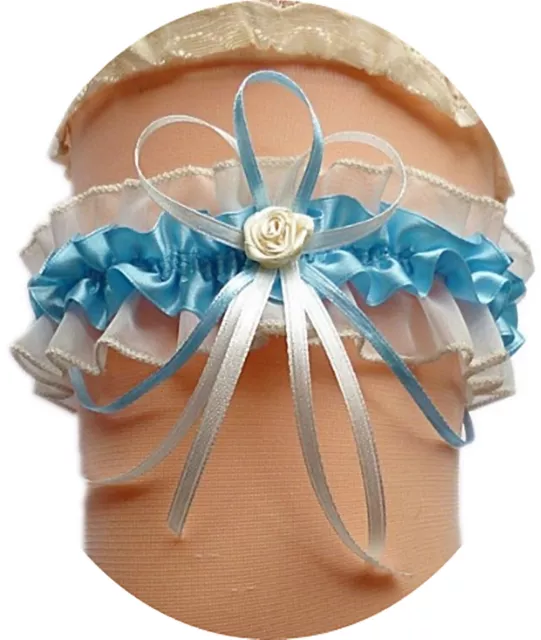 XXL Braut Strumpfband bis 80 cm blau creme mit Röschen Schleife Hochzeit Satin