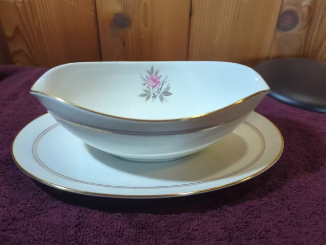 Vintage Noritake Daryl 5510 Gravy Boat W/Attached Underplate White Pink Roses